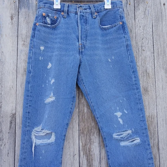 Levis 501 S Skinny High Rise Button Fly Distressed Blue Denim Jeans Women Sz 25 - Picture 2 of 8